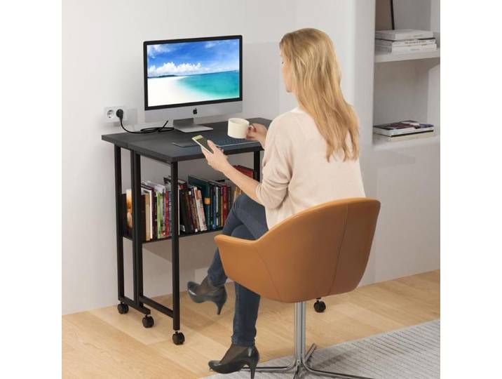 MIPAN Table D'ordinateur Mobile Pliable Noir Avec Rangement Inférieur Support D'Écran Ajustable 71×58×75CM