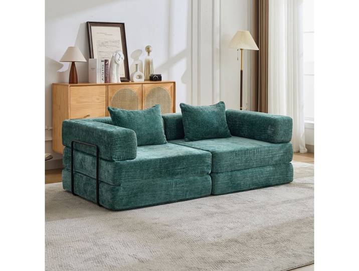 Modenuit Canapé convertible compressé 2 places tissu chenille vert foncé sans montage modulable