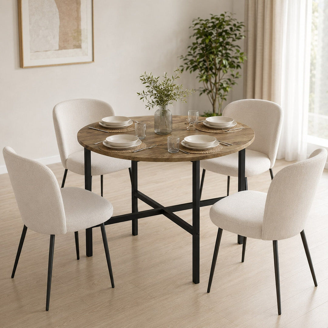 Rio 80cm Round Wooden Dining Table with X Frame Metal Legs for Dining Room Dark Oak