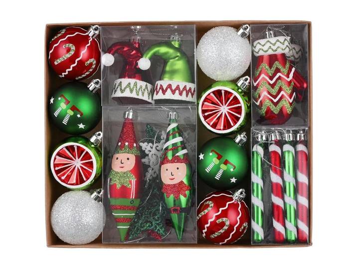 Christbaumkugeln 40-teiliges Set Rot Grün Weiß, Mehrfarbig, Kunststoff, 10.5x10.5x14 cm, Dekoration, Weihnachtsdekoration, Christbaumschmuck, Christbaumkugeln