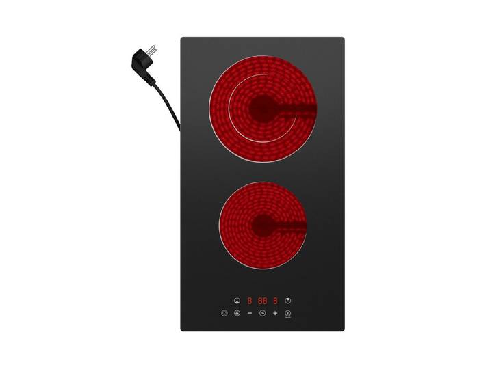 CDV Elektro-Kochfeld 30 cm Glaskeramikkochfeld 2 Zonen Doppel-Ring Schnellaufheizung Einbau & Standgerät CDVER322, Cerankochfeld 9 Stufen mit Stecker & Timer, 3200 W, Touch Control