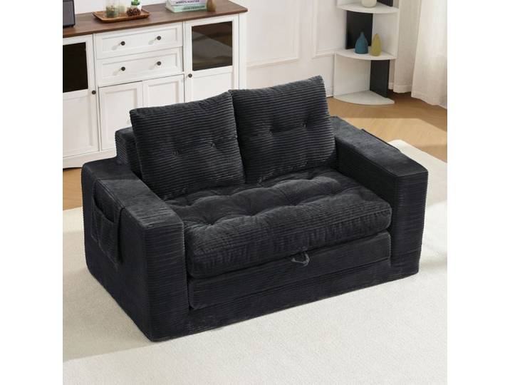 Canapé 2 places convertible velours avec coussins pliable télécommande Noir