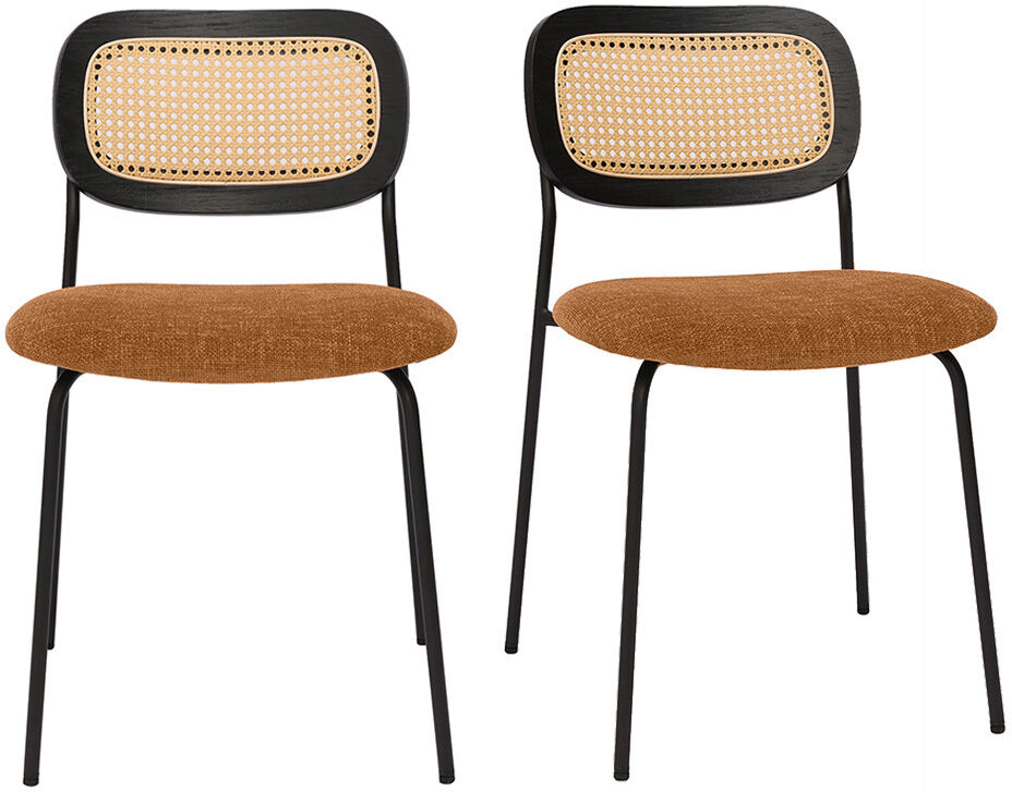 Miliboo Design-Stühle aus texturiertem Samtstoff in verbrannter Erde, schwarzem Metall und Rattan-Geflecht (2er-Set) MIRANDA