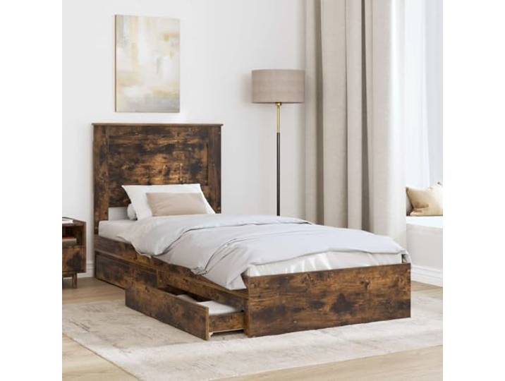 KTHLBRH Bett mit Kopfteil Eiche Rauchgrau 100 x 200 cm Technisches Holz, Lattenrost, versteckte Schubladen, modernes Design