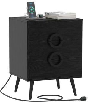 Costway Nightstand with Power Outlets and 3 Drawers Modern Bedside Table with Cable Hole-Black