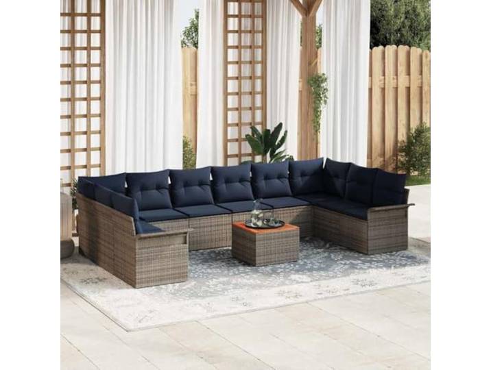 KTHLBRH Modulares Gartenmöbel-Set, 11-teilig, Grau Strapazierfähiges Polyrattan, Akazienholz, 6 zentrale Plätze, 2 Ecken, 2 Sessel, Couchtisch