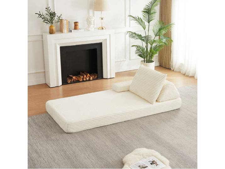 COVREO Canapé modulable convertible en velours côtelé et mousse dossier triangulaire accoudoirs repositionnables beige