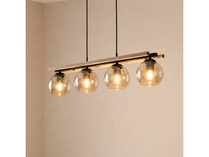 Enrique Pendelleuchte Amber/Black/Oak - Lindby - Wohnzimmer - Modern - Glas - Mehrflammig