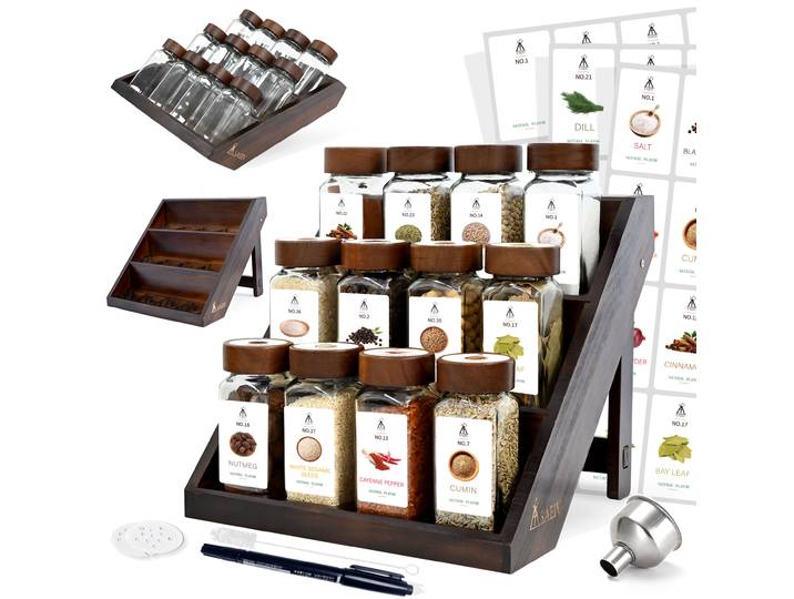 Étagère à épices 2 en 1 en bois d'acacia (FCM ® ) - Pots à épices carrés de 120 ml avec couvercles en bois, 120 étiquettes, boîtes à épices verticales et à tiroirs
