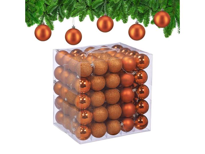 Relaxdays Weihnachtskugeln Orange 100er-Set Kunststoff, Rund, 6x7x6 cm, Dekoration, Weihnachtsdekoration, Christbaumschmuck