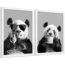 POSTER 2er Set Lustige Panda-Wandbilder Schwarz Weiß Tier Weinglas und Kaffeetasse Küche Wanddeko Rahmenlos A4