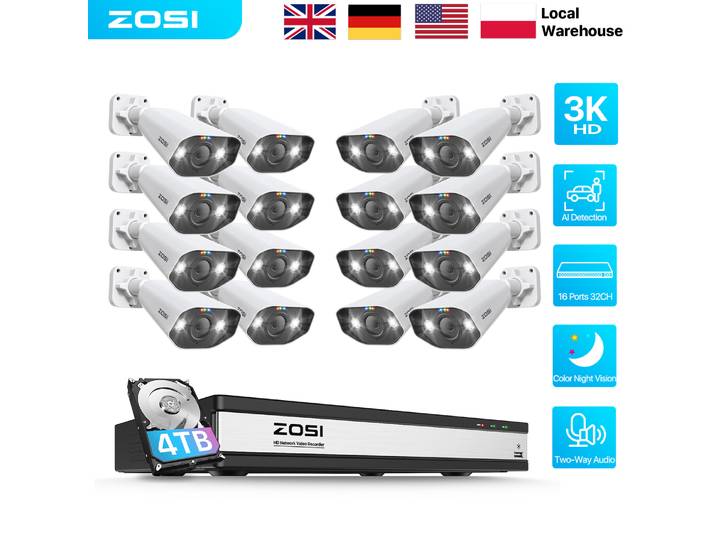 Système de caméra de sécurité CCTV PoE ZOSI 16CH 4K H.265+ 8MP 16CH NVR avec disque dur 4TB pour enregistrement 24/7, caméras de surveillance IP PoE 5MP intérieures et extérieures