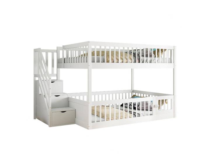 Modfu Etagenbett aus Massivholz 140x200 cm in Weiß mit Stauraumtreppe, Schubladen & Spielbereich, Holz, 140x200 cm, Babymöbel & Kindermöbel, Kinderzimmer & Jugendzimmer, Stockbetten