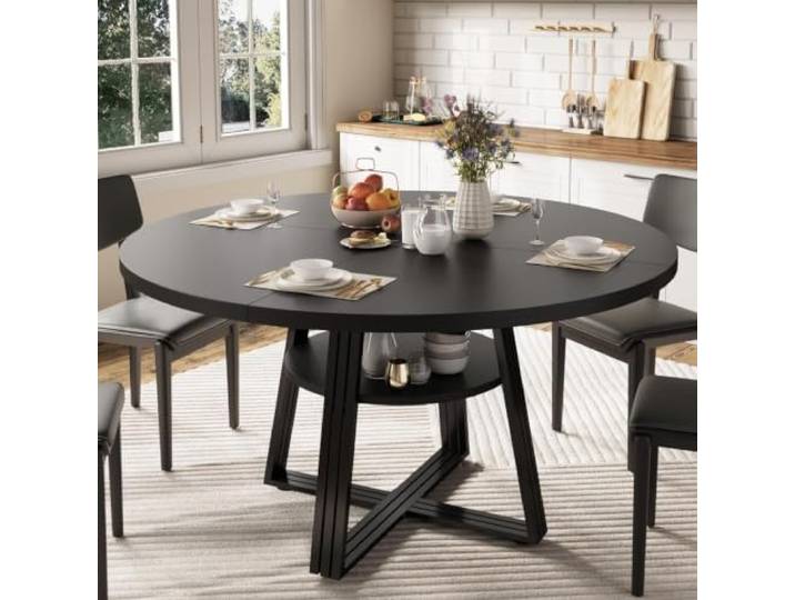 IDEALHOUSE Platzsparender Runder Esstisch 120 cm Für 4–6 Personen Farmhouse-Küchentisch mit offenem Ablagefach/Stauraum, kratzfeste Tischplatte, Metall-Quadratbeine