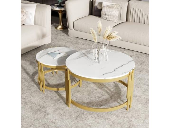 BTM Moduliertes Couchtisch-Set, Marmoroptik, Goldener Metallrahmen, runde Tische in Zwei Größen