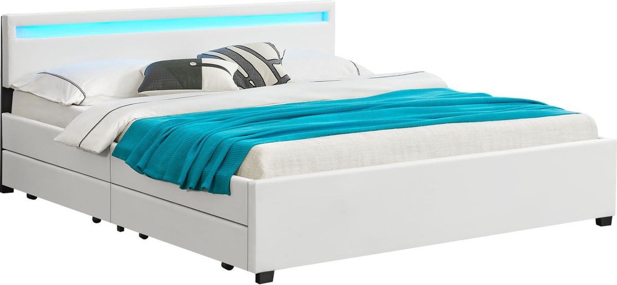 Juskys Gestoffeerd Bed Lyon met LED-verlichting en bedlades - Wit - 180 x 200 cm