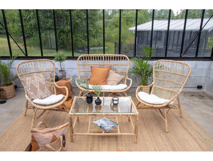 Garten Loungeset Raisa – mit Glasplatte & weißen Kissen - Natur - Luxusbetten24