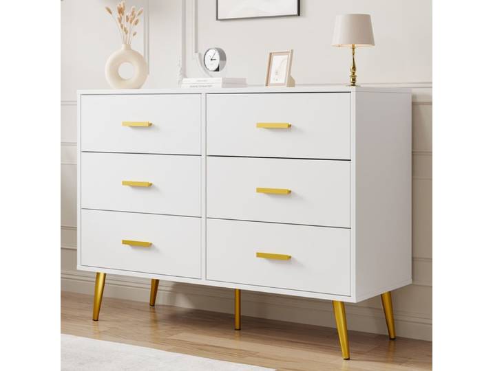 Commode 6 tiroirs blanche contemporaine poignées dorées tiroirs profonds rangement chambre salon entrée