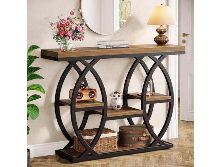 Tribesigns Konsolentisch, 100 x 30 cm Industrieller 4-Stöckiger Sofatisch Eingangstisch mit Ablagen, Schmale Holzakzenttische mit Metallrahmen für Kleine Räume, Flur, Foyer, Braun