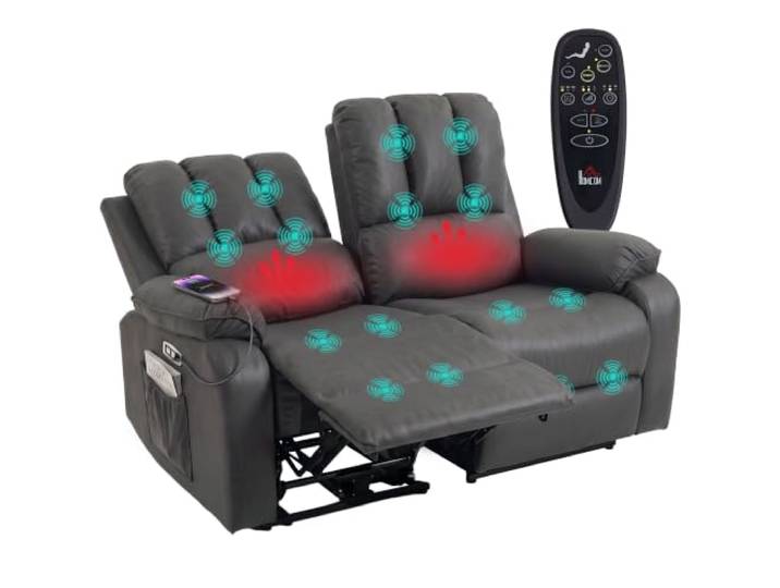 HOMCOM Zweisitzer Relaxsessel mit Liegefunktion, Massage und Wärme Elektrisch Verstellbar Fernsehsessel, Massagesessel, mit 2 Fernbedienungen, USB- und Typ-C-Anschlüssen, Kunstleder