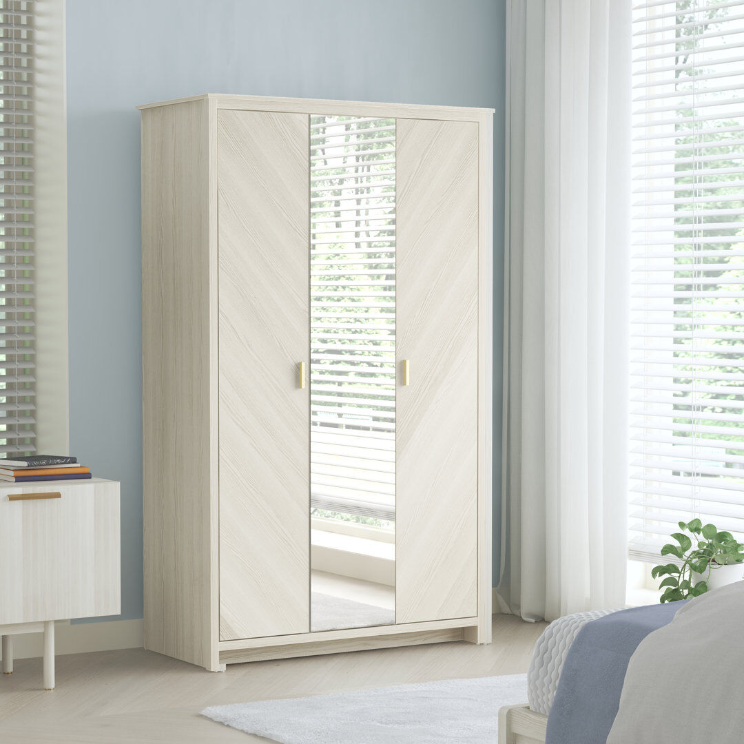 Brayden Studio Bonnie 3 Door Wardrobe with Mirror White Oak 179.9cm H X 105.4cm W X 51.8cm D