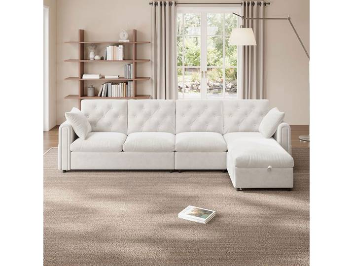Luscriate - Canapé angle velours 281 cm coffre rangement réversible poches latérales dossier capitonné - Beige