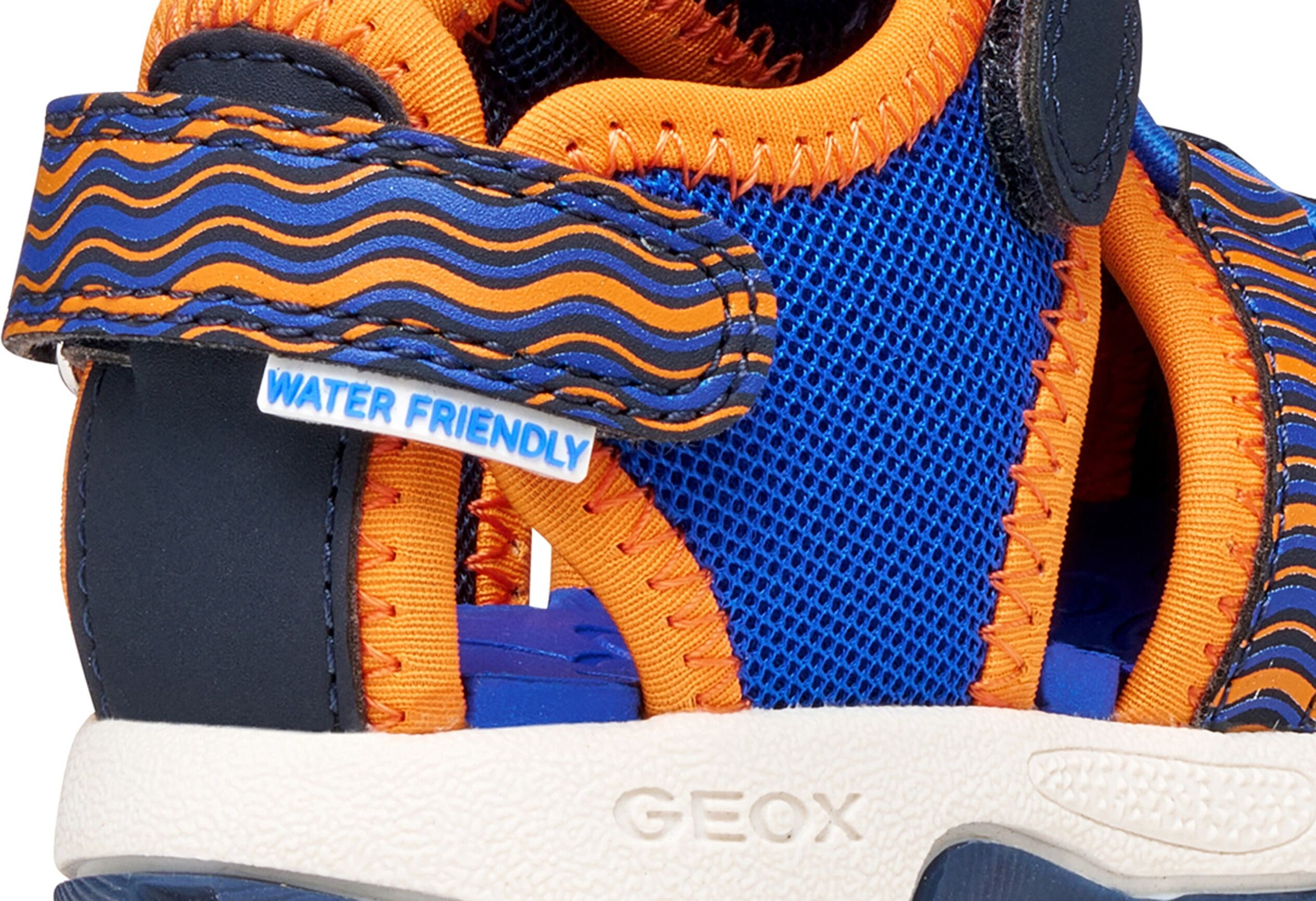 Lauflernschuh GEOX "B SANDAL MULTY BOY", Jungen, Gr. 26, Textil, blau (blau, orange), Lederimitat, Textil, Schuhe Lauflernschuh, Babyschuh, Klettschuh mit Größenschablone zum Download