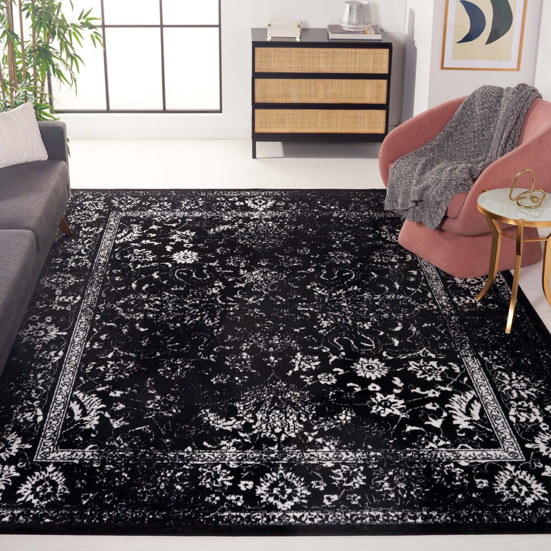 Rosalind Wheeler Ellarene Adirondack Blossom Vine Area Rug In Black & Ivory White;Black Rectangle 183 x 274 cm