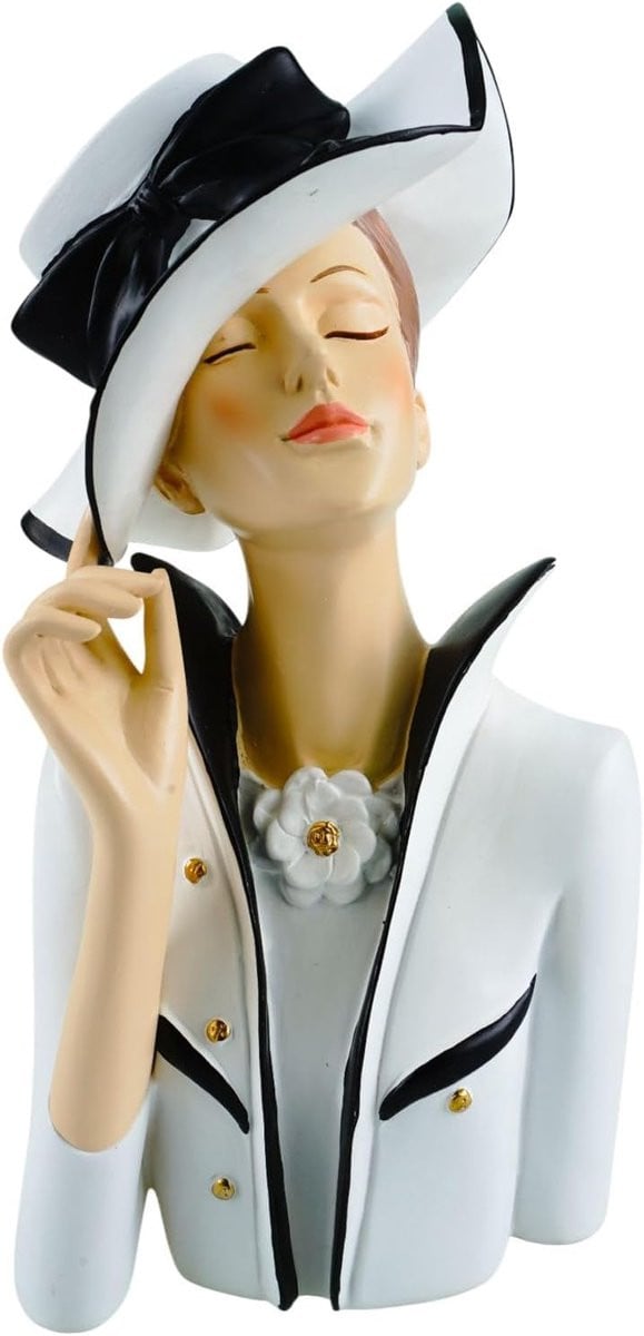 Decoratieve buste dames - Moderne handbeschilderde sculptuur - Wit-zwart - Hoogte: 28 cm