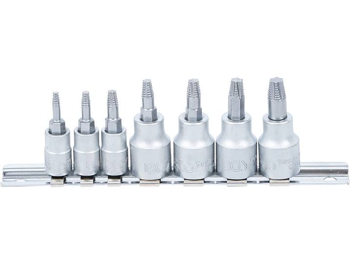 BGS Jeu d'extracteurs de vis entraînement carré intérieur 6\,3 mm (1/4\ ) / 10 mm (3/8\ ) pour profilé en T défectueux (pour Torx) T10 - T40 7pcs - 7098