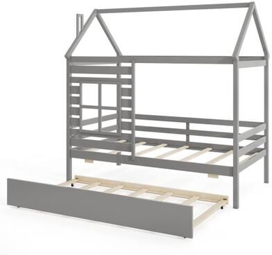 Costway Twin Size Wooden Platform House Bed with Trundle and Roof-Grey
