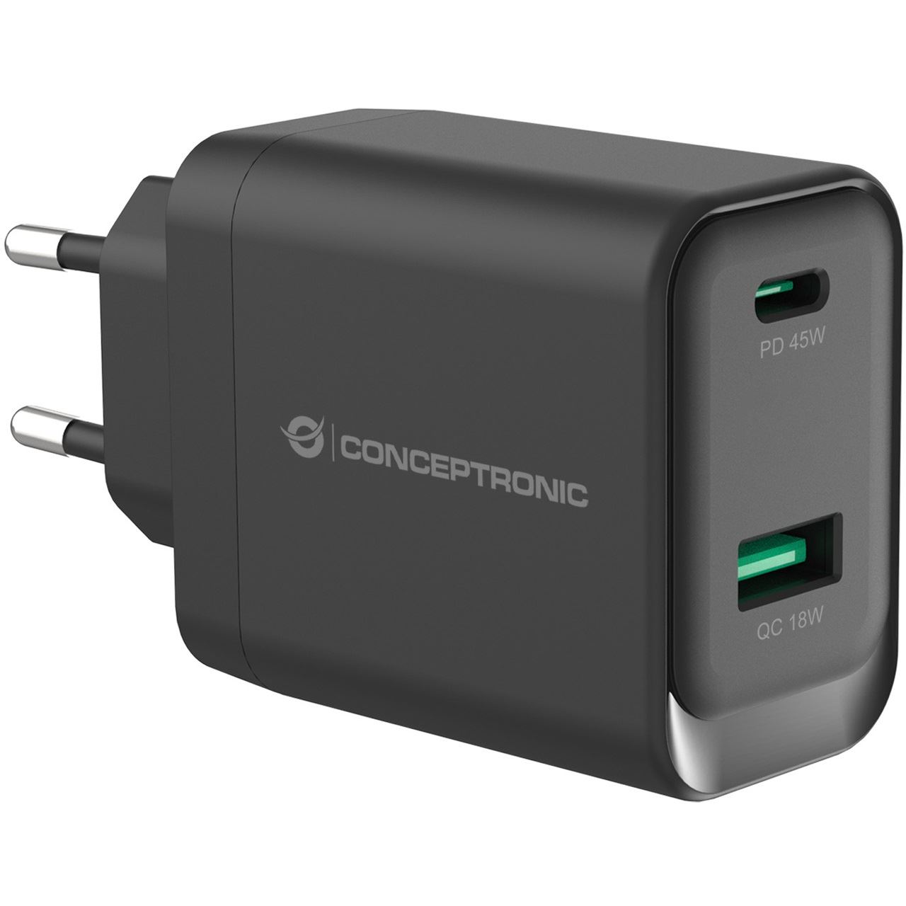 Conceptronic Ladegerät 2Port GaN USB-C/-A 45WPD3.0/PPS sw