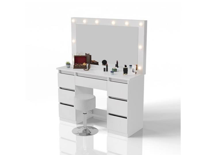 SCHMINKTISCH Lilia weiß mit LED-Beleuchtung und Hocker Tonia