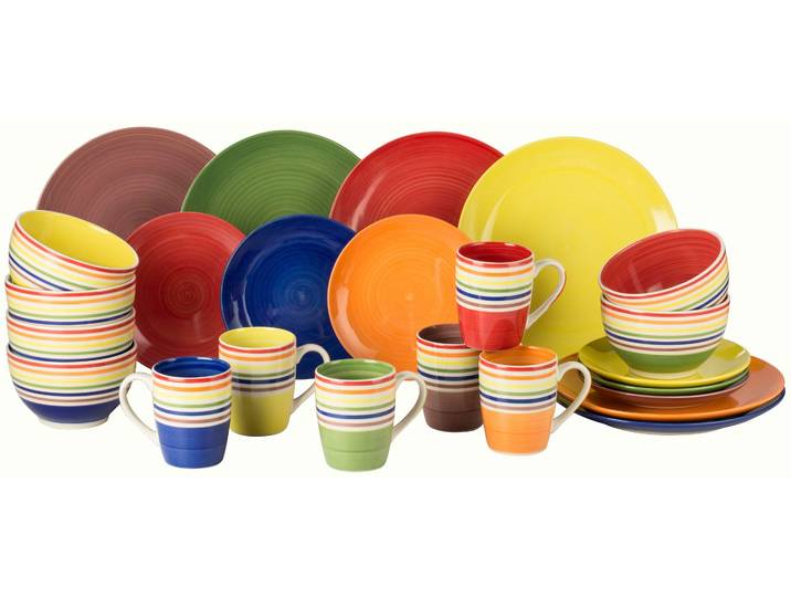 Kombiservice RETSCH ARZBERG Geschirr-Set, Service COLOUR STRIPES , bunt (regenbogen, farben, rainbow), 24 Stk., Steinzeug, Geschirr-Sets, Kombiservice, Spin Wash/Spiraldekor - 6 Regenbogenfarben, 24 Teile, für 6 Personen