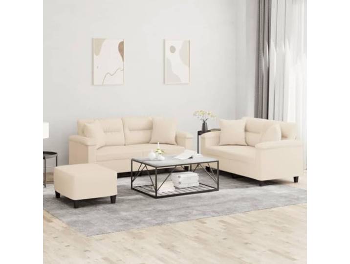 HEFZGDB 3-TLG. Sofagarnitur mit Kissen Beige Mikrofasergewebe, Langlebige Polsterung und Robustes Gestell für Wohnzimmer, Bequemes Sitzdesign mit Dicker Polsterung und Vielseitigem