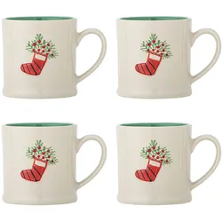 Bloomingville Kenai Weihnachts-Tassen-Set aus Steingut, 4-teilig, D7,5xH8 cm - grün