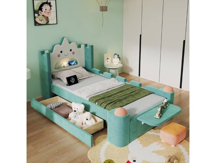 CollaHausse Lit Enfant Capitonné 90x200 cm en Velours Bleu Canard Port USB Tiroir Réversible Rabat et Barrière de Sécurité
