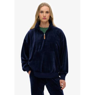 Sweatshirt SUPERDRY "COUNTRY CLUB VELOUR 1/4 ZIP", Damen, Gr. XL, blau (blauberry navy), Nicki;Sweatware, Obermaterial: 95% Polyester, 5% Elasthan, unifarben, relaxed fit hüftbedeckend, Rundhals, Rippbündchen, Sweatshirts Sweatshirt, Nicki-Qualität,...
