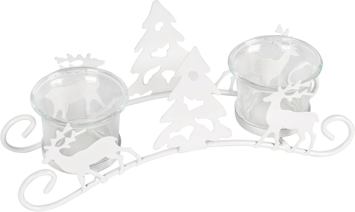 Wit Kerst Kandelaar met Herten - Winterse Decoratie - 23 cm Lengte