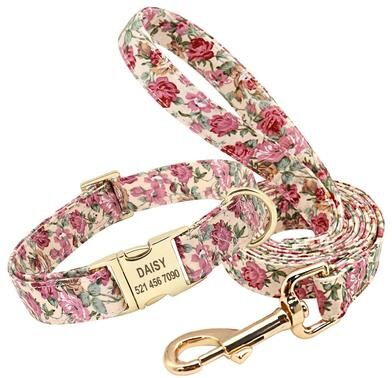 Pet Hub Custom Floral Dog Collar & Leash Set Personalized Pet ID Collar For Small, Medium, Large Dogs L 6