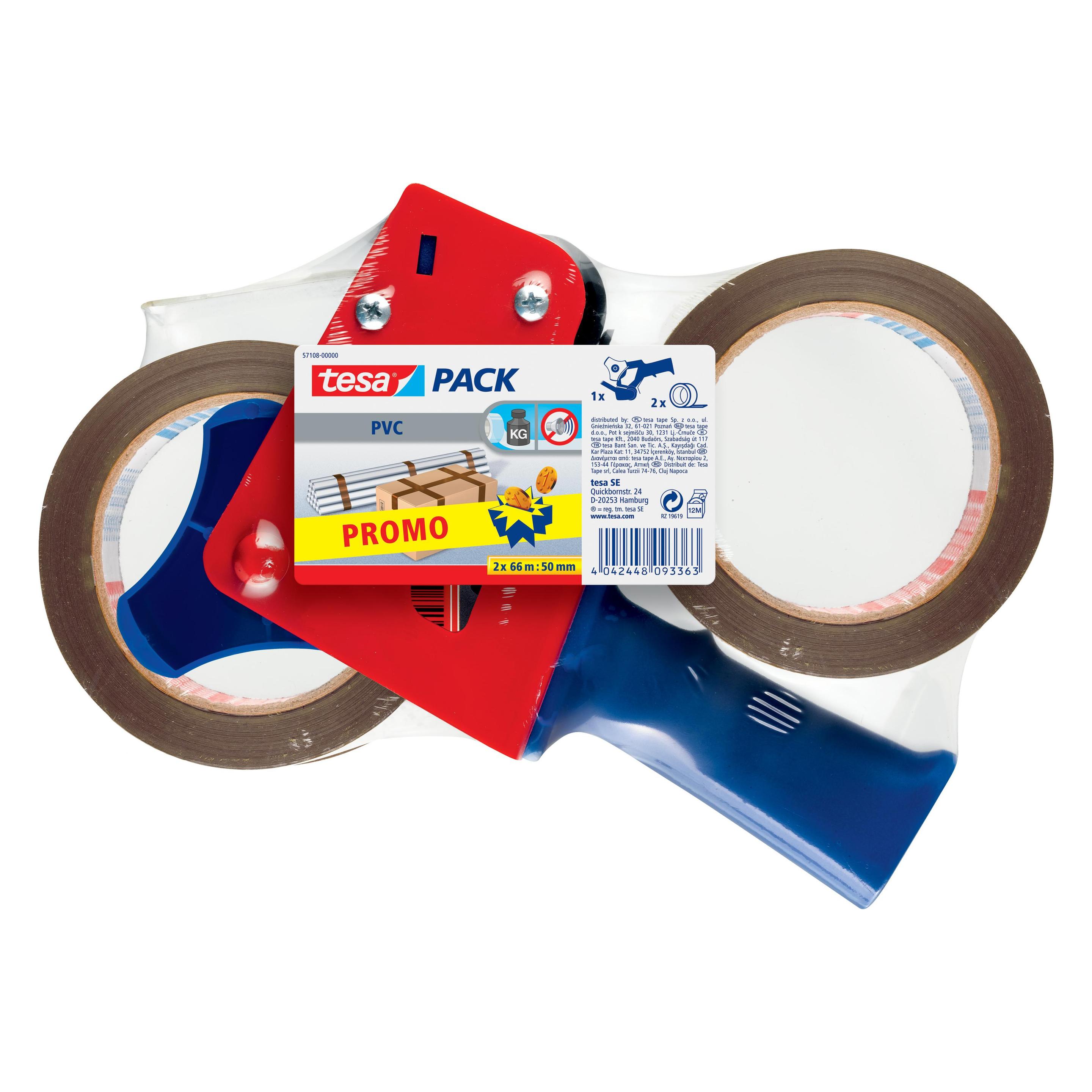 tesa tesapack Handabroller Set mit 2 reissfesten PVC Packbändern (50 mm) (57108-00000-01)