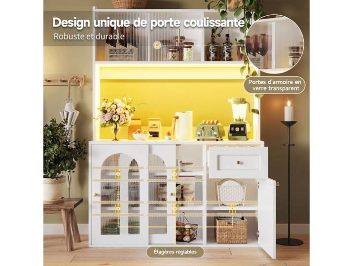 Buffet de cuisine - Armoire buffet cuisine haut LED App - Portes vitrées - Étagères réglables - Anti-bascule - 120x35x167 cm -Blanc