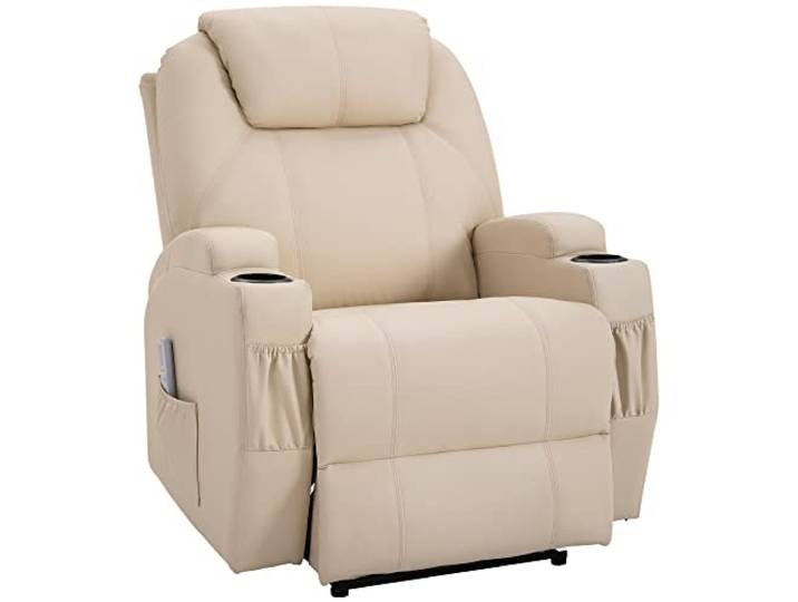 HOMCOM Fauteuil de Massage Inclinable avec Dossier et Repose-Pied Crème Chaise de Relaxation Électriques Réglables\, Revêtement Synthétique\, pour Salon\, Chambre\, Cinéma Maison