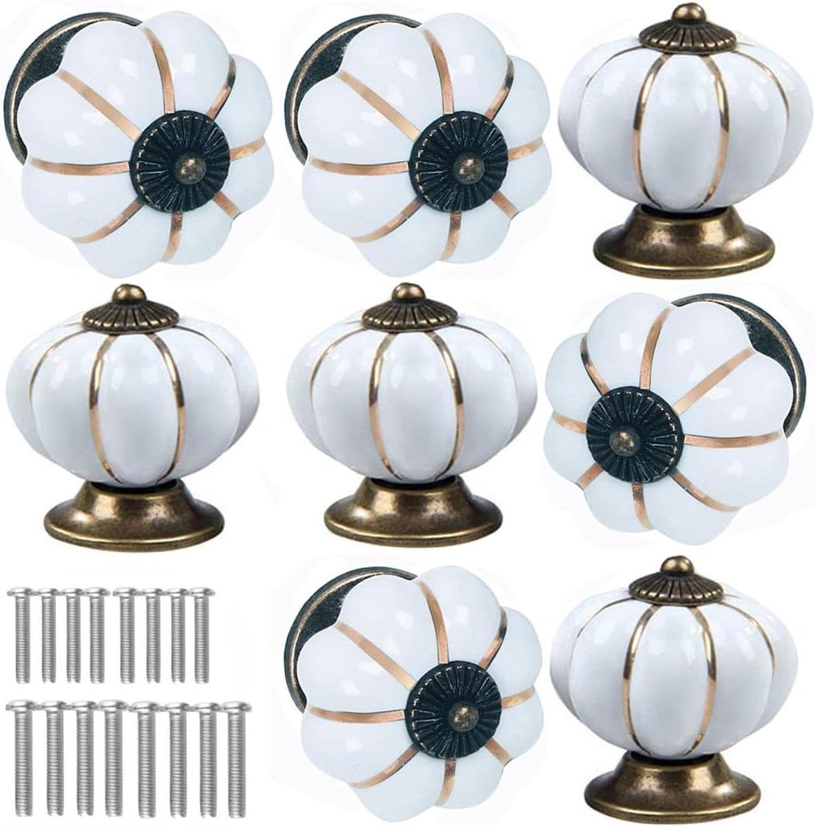 Set van 8 witte keramische pompoenknoppen voor kastdeuren in vintage stijl