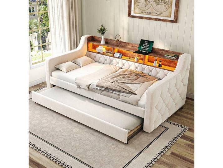 Canapé‑lit gain de place - VVBV - Lit Banquette Extensible - Velours beige - Sommier inclus - LED & USB‑C