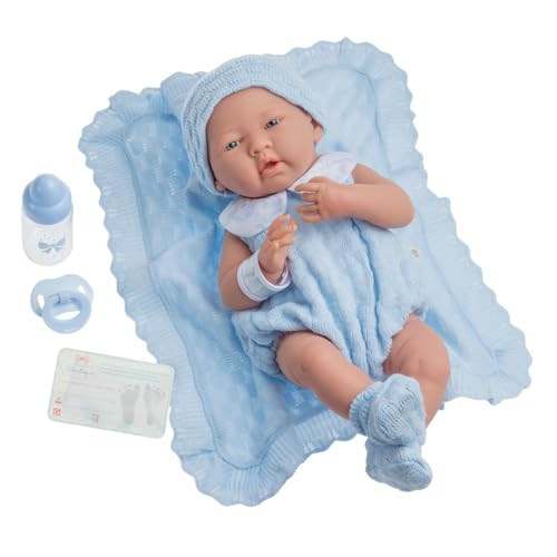 JC Toys Newborn babypop met gebreide kleding en accessoires, blauw