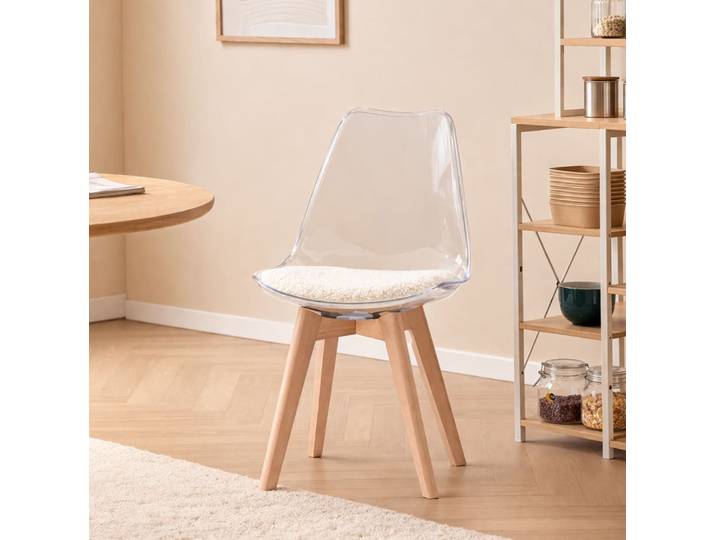 Lot de 4 chaises transparentes en bois et bouclette