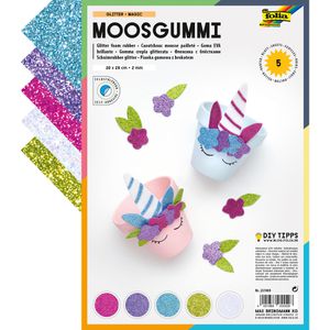Folia Moosgummi 231909 Glitter Magic, 20 x 29 cm, 5 Glitzerfarben sortiert, 2 mm Stärke, selbstklebend, 5 Blatt