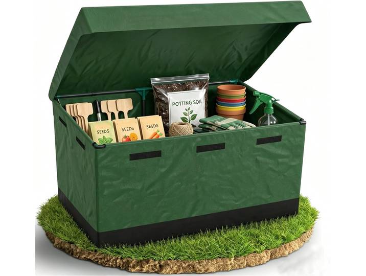 Boîte de rangement de jardin étanche 530L – Grande boîte de rangement pour coussins résistante aux intempéries avec cadre et couvercle en métal, boîte de rangement extérieure pliable pour jardin,