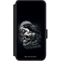 Nivocase Klapphülle für Samsung Galaxy S25 Handyhülle aus Kunst Leder NIVOflip schwarz Rabe Schädel (Samsung Galaxy S25), Smartphone Hülle, Schwarz